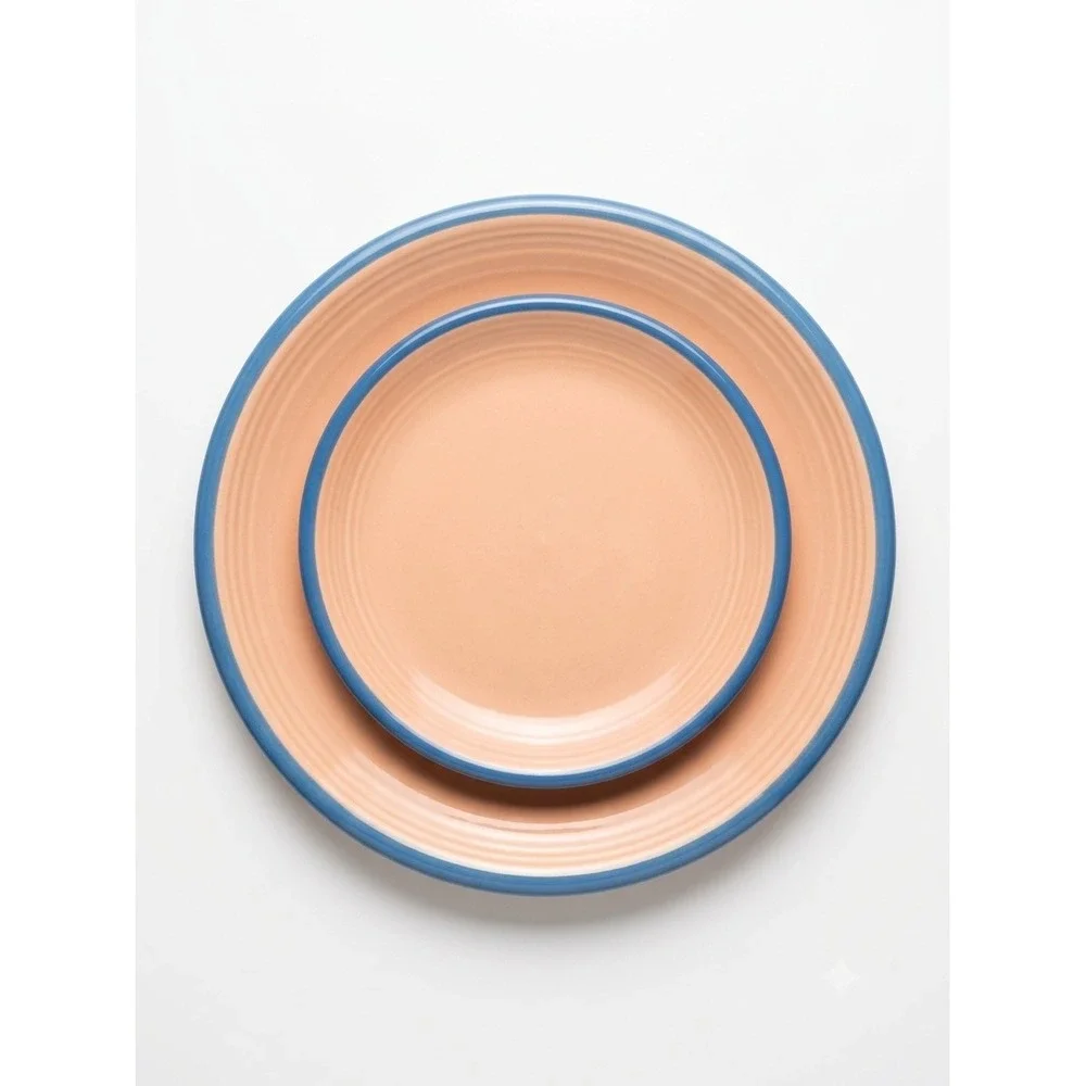 Vintage Rio Century Stoneware 3 Piece Plate Set Peach Blush Blue Rim Japan